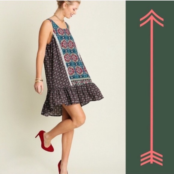 Umgee Dresses & Skirts - Umgee Sleeveless Mixed Print Ruffle Trapeze Dress